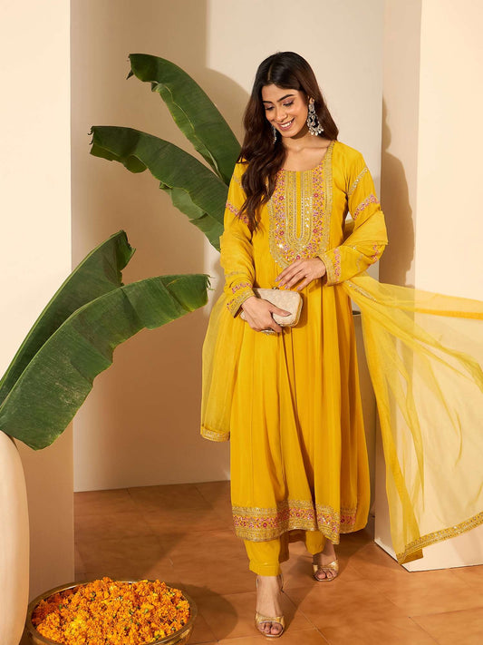 Women Ethnic Motifs Embroidered Tiered Sequinned Kurta with Trousers & With Dupatta