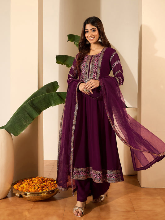 Ethnic Motifs Embroidered Empire Anarkali Kurta With Trousers & Dupatta