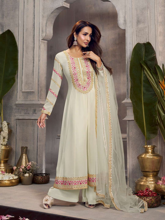 Malaika Arora Women Floral Embroidered Anarkali Kurta with Palazzo & Dupatta
