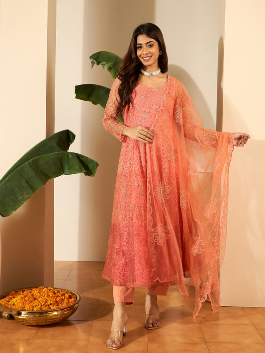 Floral Embroidered Round Neck Thread Work Anarkali Kurta With Trousers & Dupatta