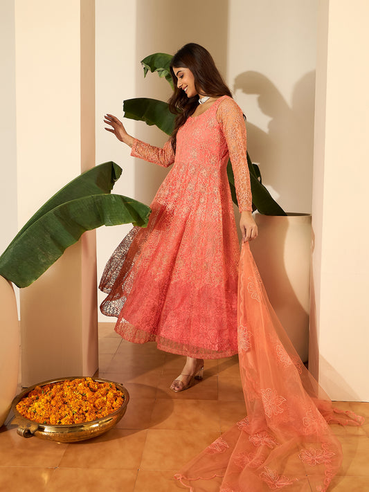 Floral Embroidered Round Neck Thread Work Anarkali Kurta With Trousers & Dupatta