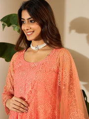 Floral Embroidered Round Neck Thread Work Anarkali Kurta With Trousers & Dupatta