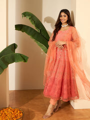Floral Embroidered Round Neck Thread Work Anarkali Kurta With Trousers & Dupatta