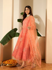 Floral Embroidered Round Neck Thread Work Anarkali Kurta With Trousers & Dupatta