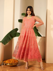 Floral Embroidered Round Neck Thread Work Anarkali Kurta With Trousers & Dupatta
