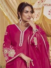 Women Floral Embroidered Thread Work Kurta With Trousers & Dupatta