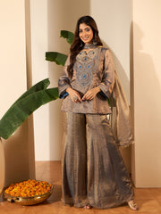 Women Floral Zari Embroidered Yoke Design Kurta Set with Dupatta