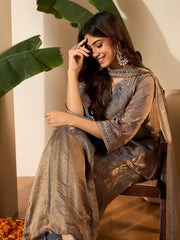 Women Floral Zari Embroidered Yoke Design Kurta Set with Dupatta