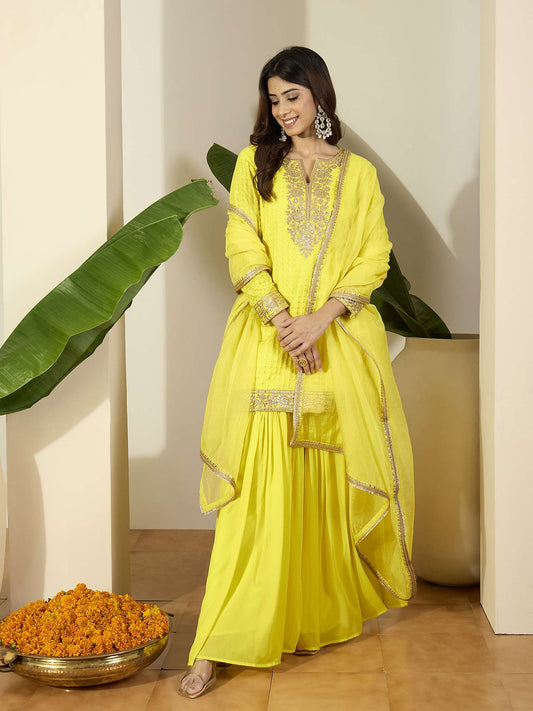 Women Ethnic Motifs Embroidered Kurta with Sharara & Dupatta