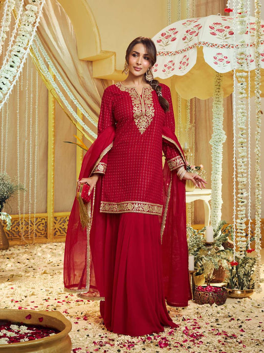 Malaika Arora Women Floral Zari Embroidered Straight Kurta Set with Dupatta