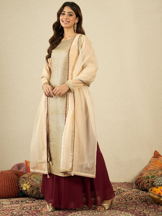 Women Ethnic Motifs Embroidered Regular Sequinned Kurta with Palazzos & With Dupatta