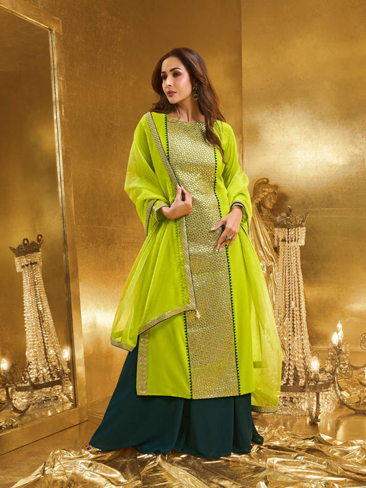 Women Geometric Embroidered Kurta with Palazzo & Dupatta