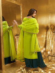 Women Geometric Embroidered Kurta with Palazzo & Dupatta