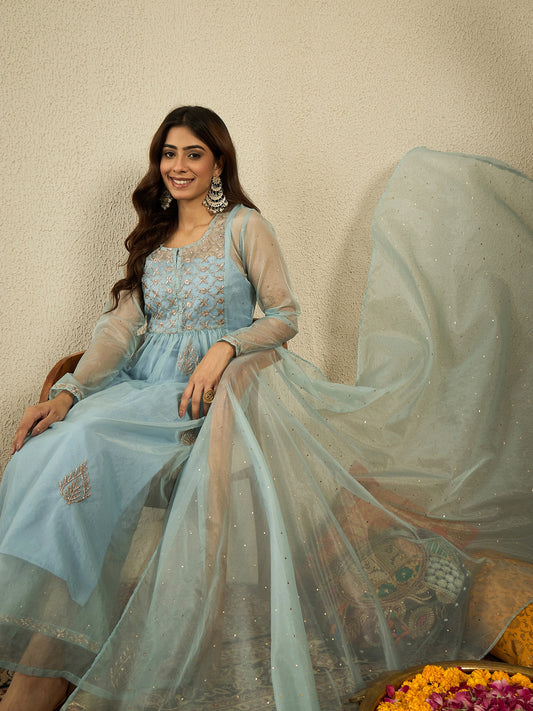 Women Ethnic Zari Mukaish Embroidered Kurta Set with Dupatta