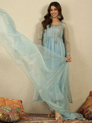 Women Ethnic Zari Mukaish Embroidered Kurta Set with Dupatta