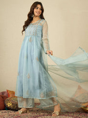 Floral Embroidered Pleated Zari A-Line Kurta with Palazzos & With Dupatta
