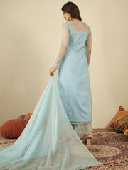 Floral Embroidered Pleated Zari A-Line Kurta with Palazzos & With Dupatta