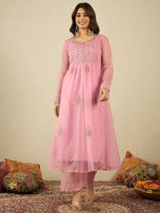 Floral Embroidered Sequinned Organza Kurta With Trousers & Dupatta