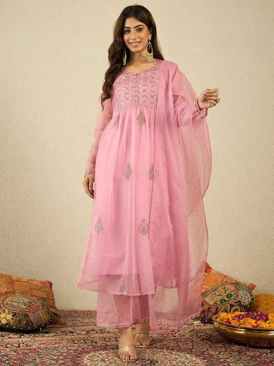 Floral Embroidered Sequinned Organza Kurta With Trousers & Dupatta