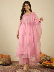 Floral Embroidered Sequinned Organza Kurta With Trousers & Dupatta
