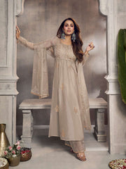Malaika Arora Ethnic Motifs Embroidered Pleated Zari Organza Kurta With Palazzos & Dupatta