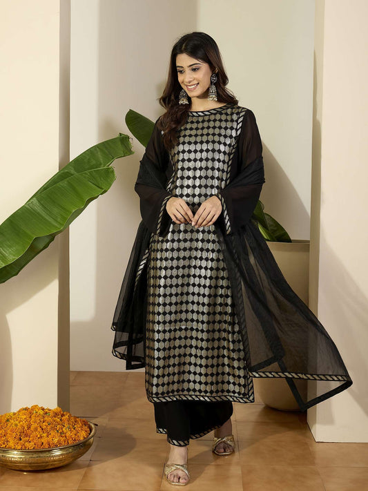 Geometric Embroidered Sequinned Kurta With Trousers & Dupatta