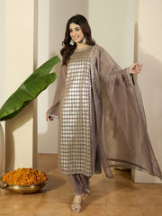 Geometric Woven Design Round Neck Panelled Straight Kurta & Trousers With Dupatta