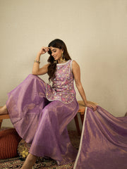 Floral Embroidered Thread Work Kurta With Sharara & Dupatta
