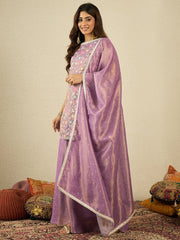 Floral Embroidered Thread Work Kurta With Sharara & Dupatta