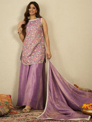 Floral Embroidered Thread Work Kurta With Sharara & Dupatta