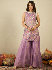 Floral Embroidered Thread Work Kurta With Sharara & Dupatta