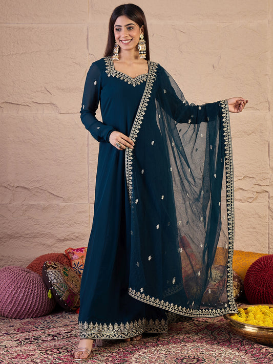 Women Ethnic Motifs Embroidered Sweetheart Neck Kurta with Dupatta