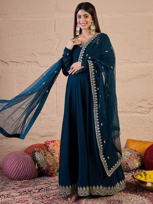 Women Ethnic Motifs Embroidered Sweetheart Neck Kurta with Dupatta