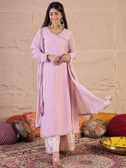 V-Neck Angrakha Gotta Patti Georgette A-Line Kurta & Palazzos With Dupatta
