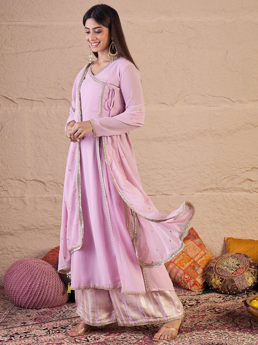 V-Neck Angrakha Gotta Patti Georgette A-Line Kurta & Palazzos With Dupatta