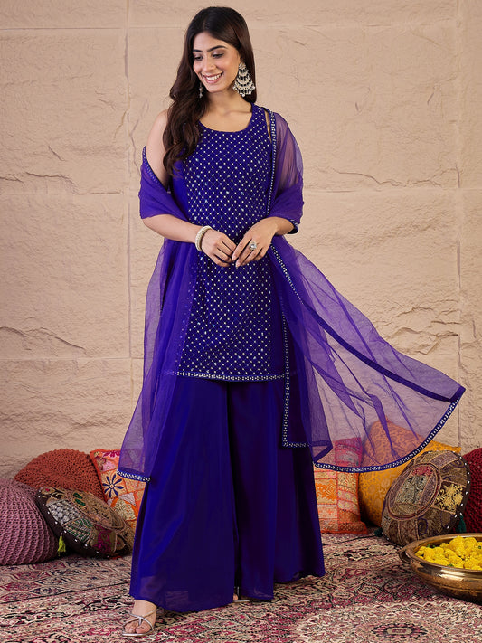 Embroidered Round Neck Sequinned Georgette Kurta With Palazzos & Dupatta
