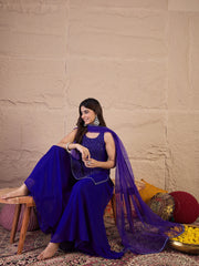 Embroidered Round Neck Sequinned Georgette Kurta With Palazzos & Dupatta