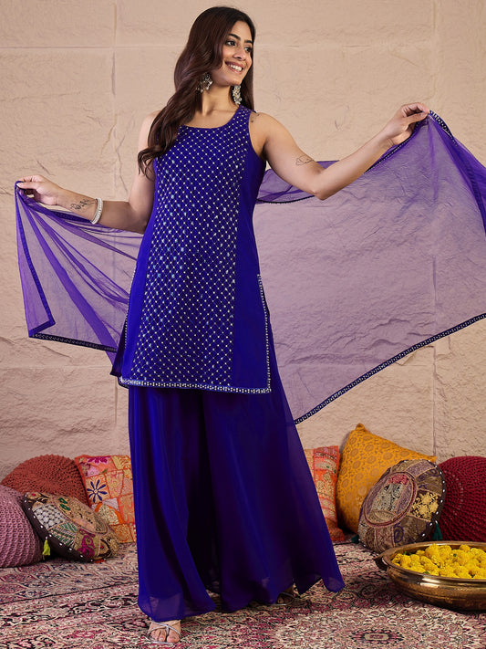 Embroidered Round Neck Sequinned Georgette Kurta With Palazzos & Dupatta