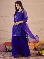 Embroidered Round Neck Sequinned Georgette Kurta With Palazzos & Dupatta