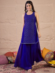 Embroidered Round Neck Sequinned Georgette Kurta With Palazzos & Dupatta