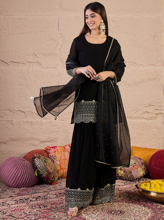 Ethnic Motifs Embroidered Straight Sequinned Kurta With Sharara & Dupatta