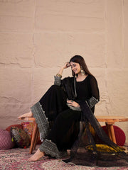Ethnic Motifs Embroidered Straight Sequinned Kurta With Sharara & Dupatta