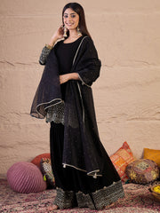 Ethnic Motifs Embroidered Straight Sequinned Kurta With Sharara & Dupatta