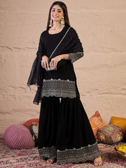 Ethnic Motifs Embroidered Straight Sequinned Kurta With Sharara & Dupatta