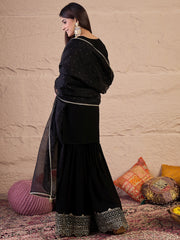 Ethnic Motifs Embroidered Straight Sequinned Kurta With Sharara & Dupatta