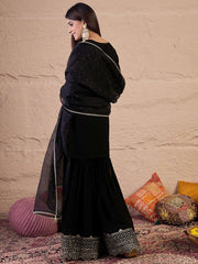 Ethnic Motifs Embroidered Straight Sequinned Kurta With Sharara & Dupatta