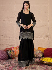 Ethnic Motifs Embroidered Straight Sequinned Kurta With Sharara & Dupatta