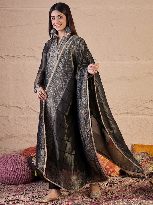 Woven Design Straight Zari Work Viscose Tissue Kurta with Trousers & Dupatta