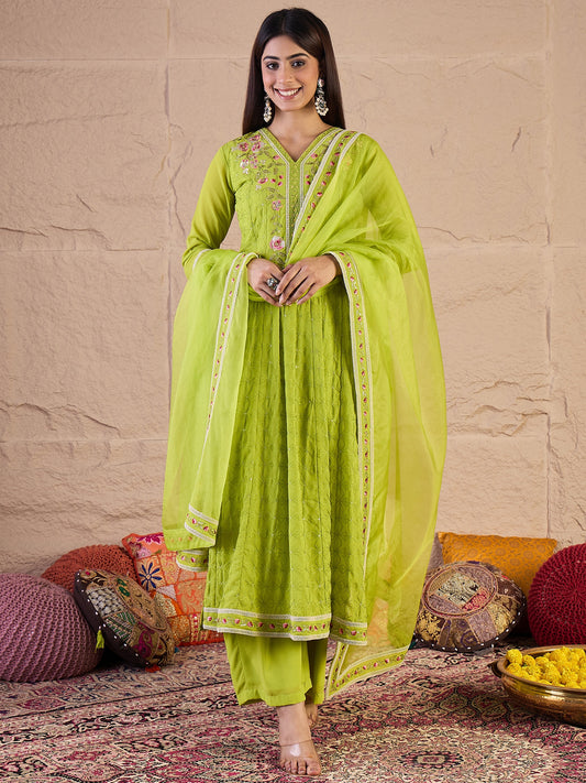 Women Floral Embroidered Regular Thread Work A-Line Kurta with Trousers & Dupatta