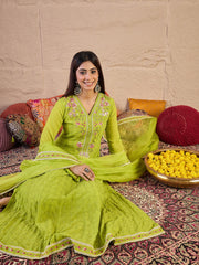 Women Floral Embroidered Regular Thread Work A-Line Kurta with Trousers & Dupatta